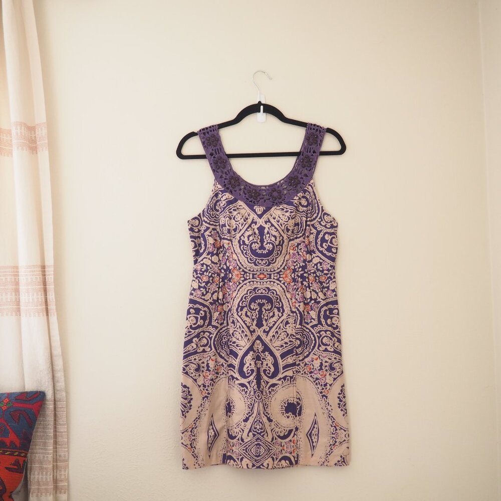 !! Free People Purple Folklore Paisley Sleeveless Dress w/ Jewel Trim sz 6 - Picture 4 of 9